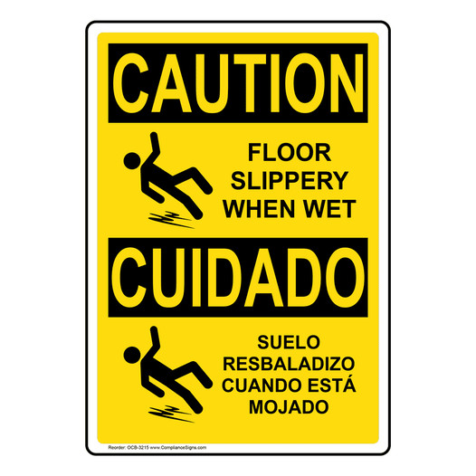 English + Spanish OSHA CAUTION Floor Slippery When Wet Sign With Symbol OCB-3215