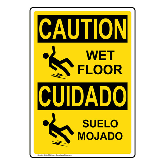 English + Spanish OSHA CAUTION Wet Floor Sign With Symbol OCB-6640