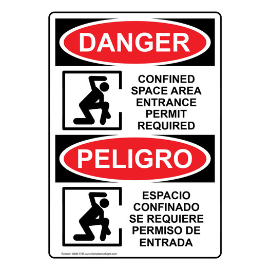 English + Spanish OSHA DANGER Confined Space Permit Required Sign With Symbol