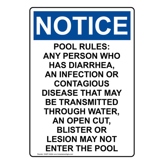 Portrait OSHA NOTICE Pool Rules: Any Person Who Has Sign ONEP-34694