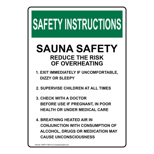 Portrait OSHA SAFETY INSTRUCTIONS Sauna Safety Reduce The Risk Sign OSIEP-17469