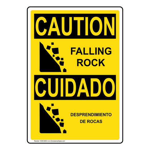 English + Spanish OSHA CAUTION Falling Rock Sign With Symbol OCB-9494