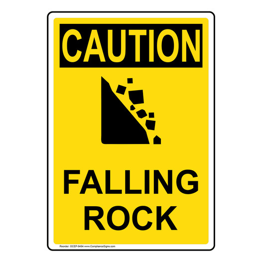 Portrait OSHA CAUTION Falling Rock Sign With Symbol OCEP-9494