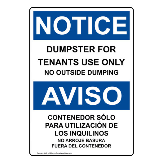 English + Spanish OSHA NOTICE Dumpster For Tenants Use Only Sign