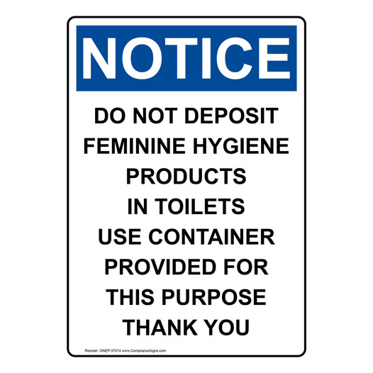 NOTICE Feminine Hygiene Disposal Vertical Sign or Label OSHA