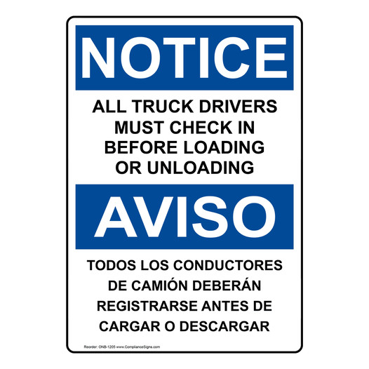 English + Spanish OSHA NOTICE Truck Drivers Check In Sign ONB-1205