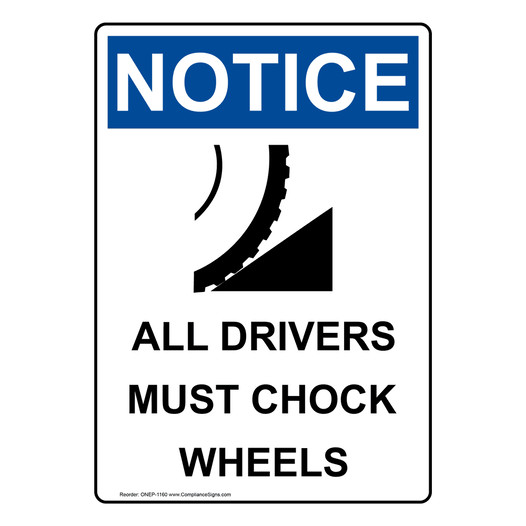 Portrait OSHA NOTICE All Drivers Must Chock Wheels Sign With Symbol ONEP-1160