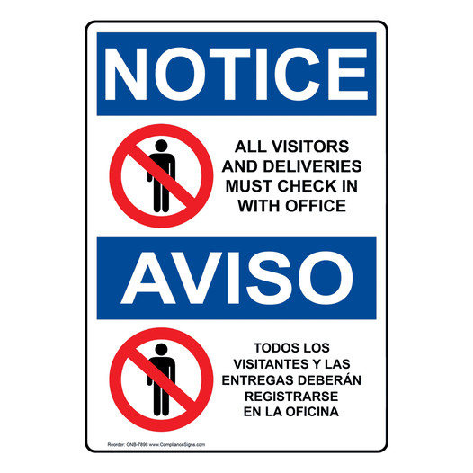 English + Spanish OSHA NOTICE Visitors And Deliveries Check In Sign With Symbol ONB-7898