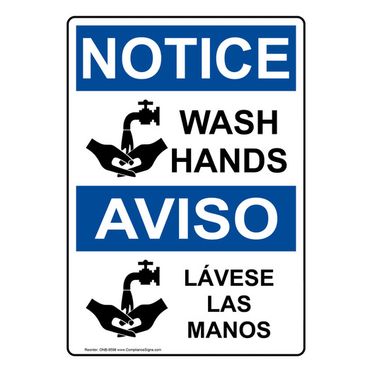English + Spanish OSHA NOTICE Wash Hands Sign With Symbol ONB-9598