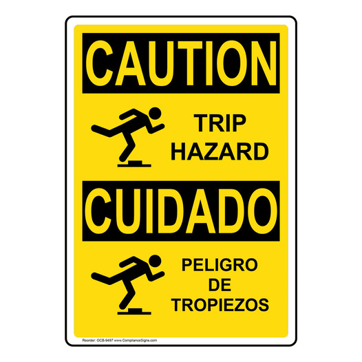 English + Spanish OSHA CAUTION Trip Hazard With Symbol Sign With Symbol OCB-9497