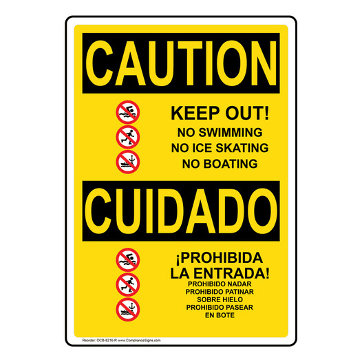 English + Spanish OSHA CAUTION Keep Out Swimming Skating Boat Sign With Symbol OCB-8216-R