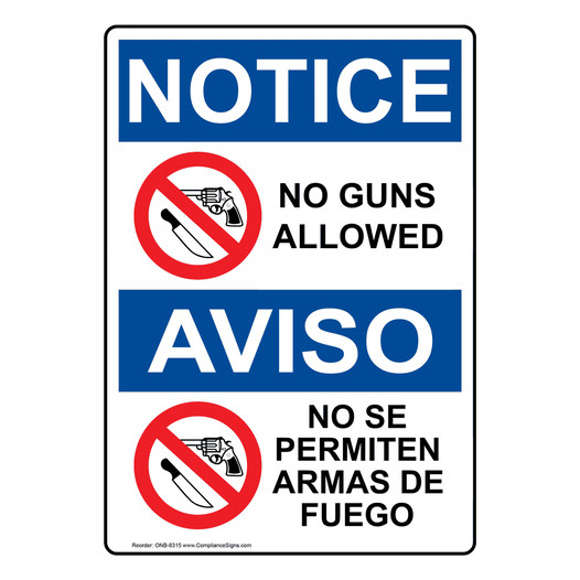 English + Spanish OSHA NOTICE No Guns Allowed Sign With Symbol ONB-8315