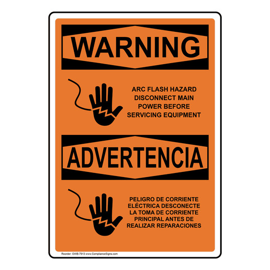 English + Spanish OSHA WARNING Arc Flash Hazard Disconnect Power Sign With Symbol OWB-7913