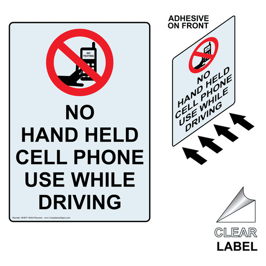Portrait NO HAND HELD CELL PHONE USE WHILE DRIVING Label with Symbol and Front Adhesive NHEP-16403-Reverse