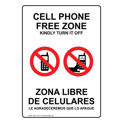 Cell Phone Free Zone Kindly Turn It Off Bilingual Sign NHB-14109