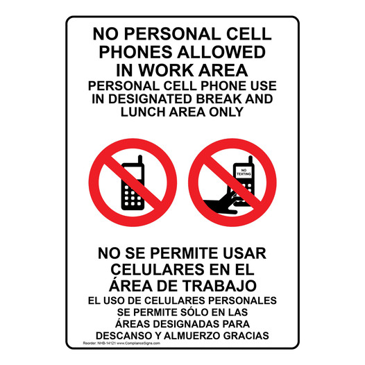 Cell Phone Designated Area Only Bilingual Sign NHB-14121