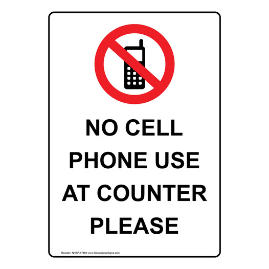 Portrait No Cell Phone Use At Counter Sign With Symbol NHEP-17865