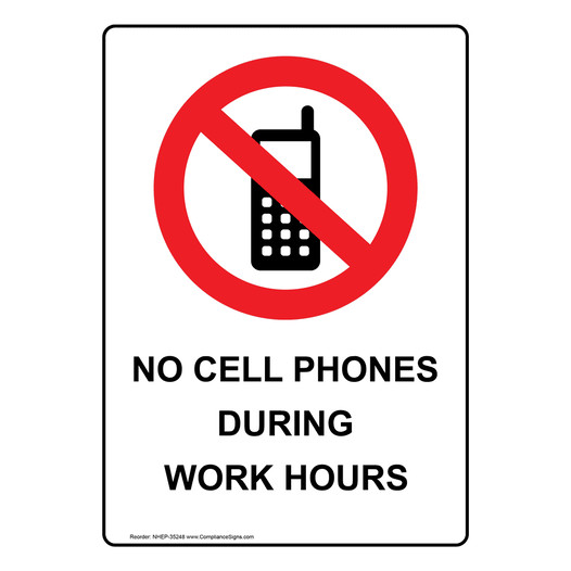Portrait No Cell Phones During Work Hours Sign With Symbol NHEP-35248