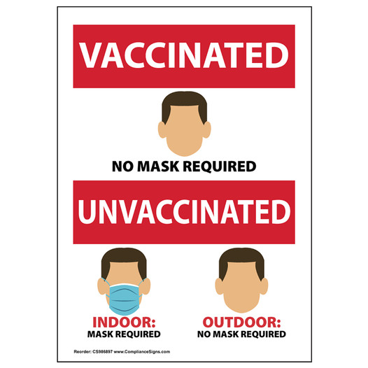 Vaccinated No Mask Required Unvaccinated Indoor: Mask Required Outdoor: No Mask Required Sign CS986897