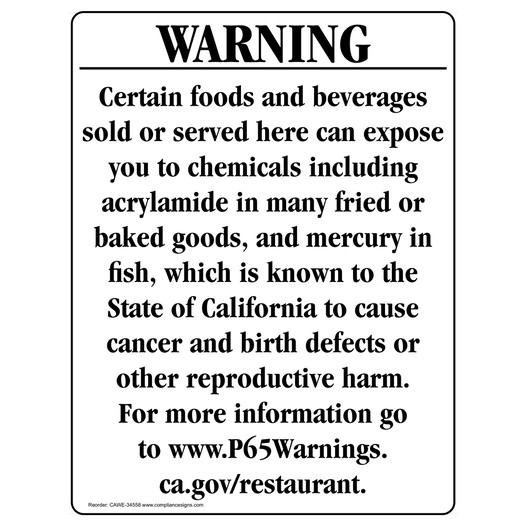 California Prop 65 Restaurant Warning Sign CAWE-34558