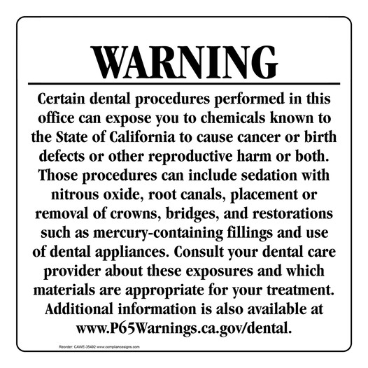 California Prop 65 Dental Warning Sign CAWE-35492