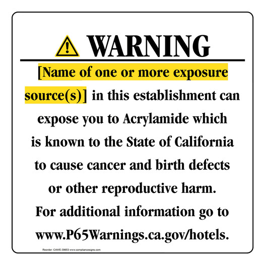California Prop 65 Hotel Warning Sign CAWE-39653