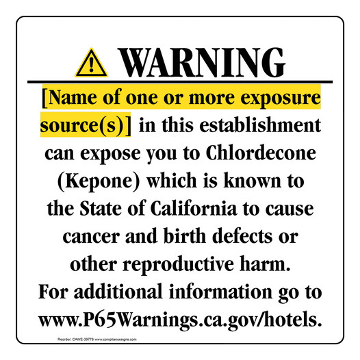 California Prop 65 Hotel Warning Sign CAWE-39776