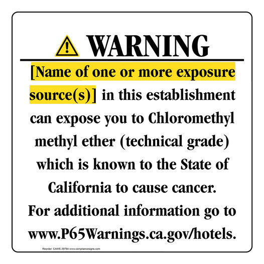 California Prop 65 Hotel Warning Sign CAWE-39784