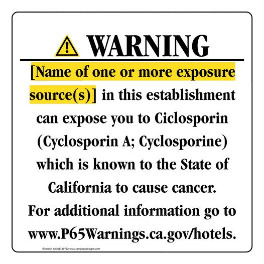 California Prop 65 Hotel Warning Sign CAWE-39792