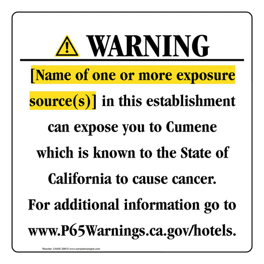California Prop 65 Hotel Warning Sign: Cumene