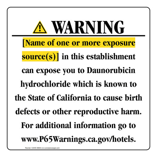 California Prop 65 Hotel Warning Sign CAWE-39836