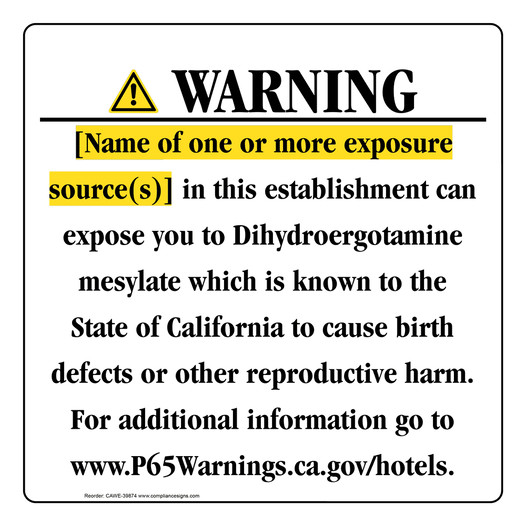 California Prop 65 Hotel Warning Sign CAWE-39874