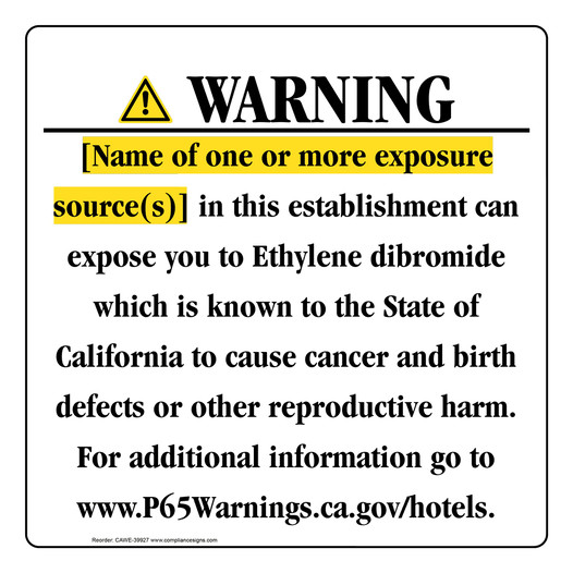 California Prop 65 Hotel Warning Sign CAWE-39927