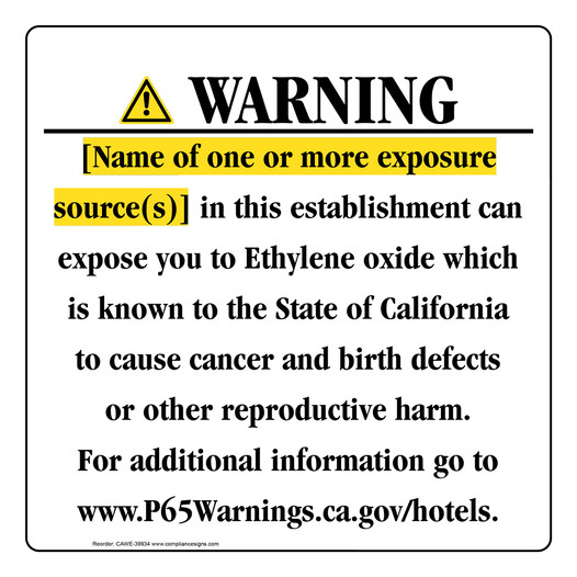 California Prop 65 Hotel Warning Sign CAWE-39934
