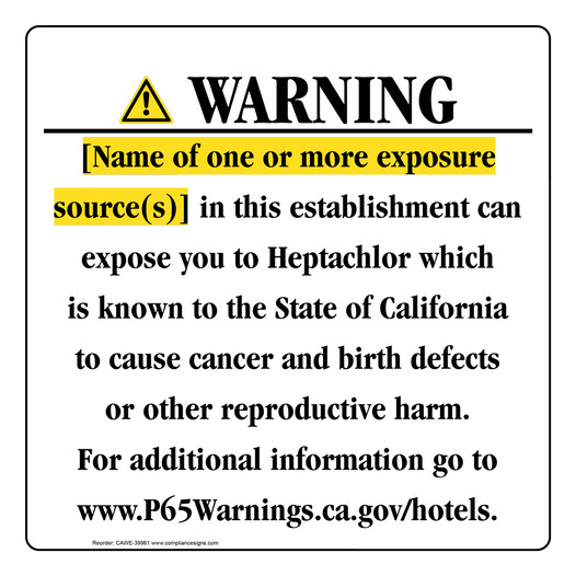 California Prop 65 Hotel Warning Sign CAWE-39981