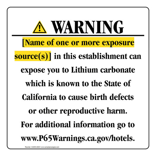 California Prop 65 Hotel Warning Sign CAWE-40031