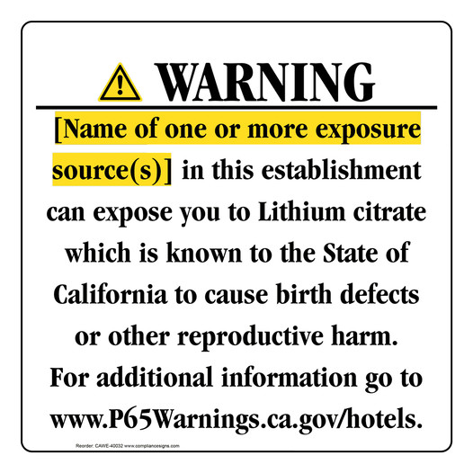California Prop 65 Hotel Warning Sign CAWE-40032