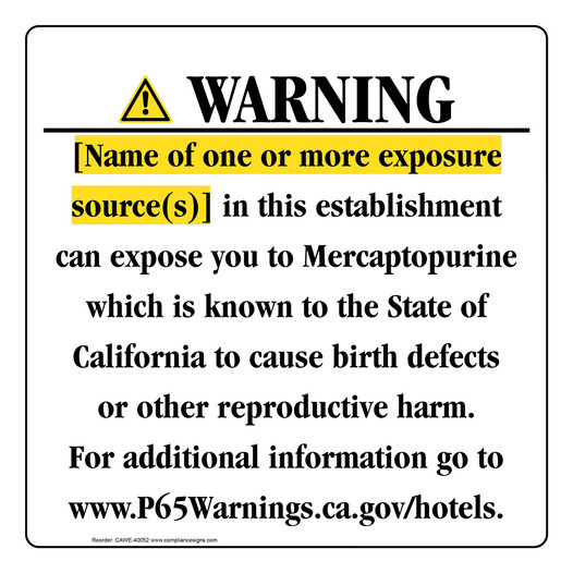California Prop 65 Hotel Warning Sign CAWE-40052