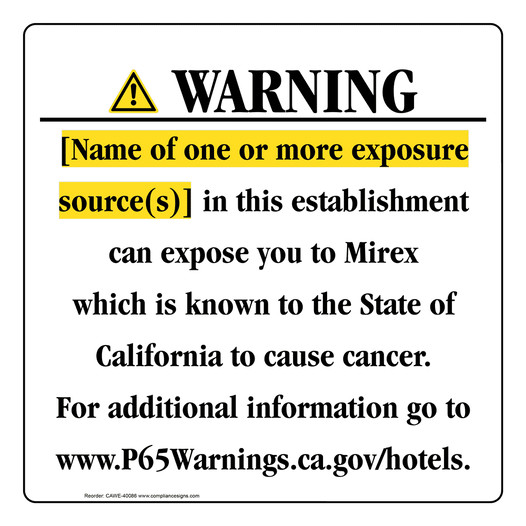 California Prop 65 Hotel Warning Sign CAWE-40086