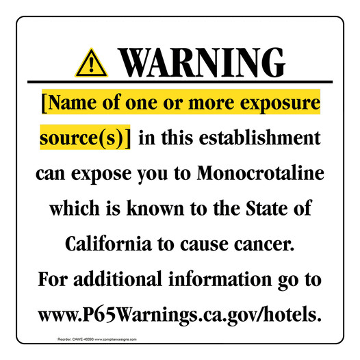 California Prop 65 Hotel Warning Sign CAWE-40093