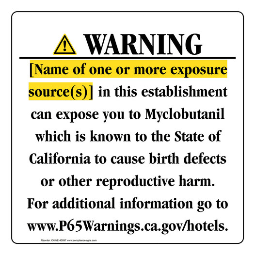 California Prop 65 Hotel Warning Sign CAWE-40097