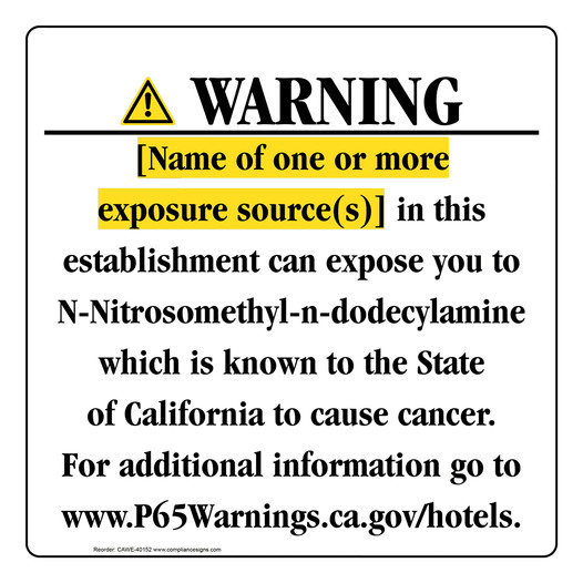 California Prop 65 Hotel Warning Sign CAWE-40152