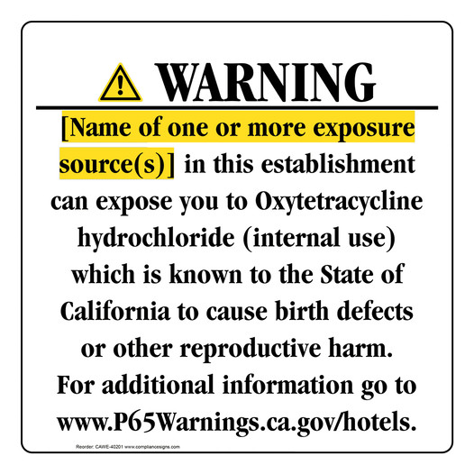 California Prop 65 Hotel Warning Sign CAWE-40201