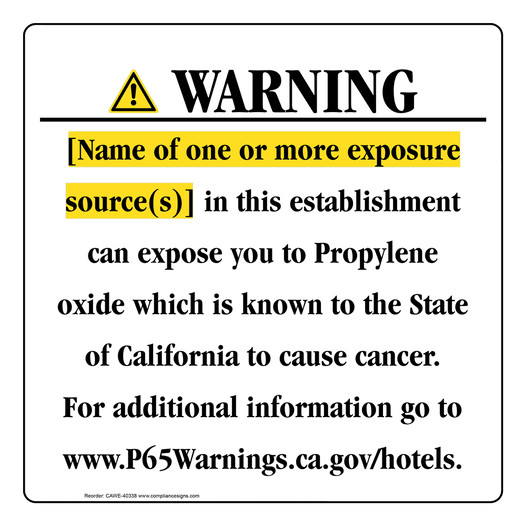 California Prop 65 Hotel Warning Sign CAWE-40338