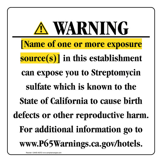 California Prop 65 Hotel Warning Sign CAWE-40372