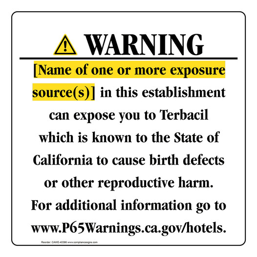 California Prop 65 Hotel Warning Sign CAWE-40386