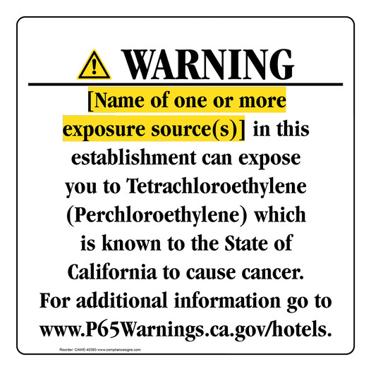 California Prop 65 Hotel Warning Sign CAWE-40393