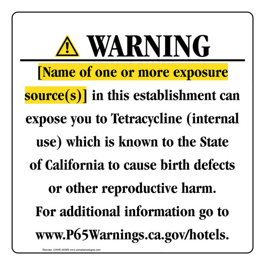 California Prop 65 Hotel Warning Sign CAWE-40395