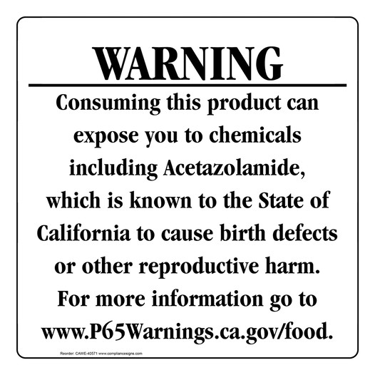 California Prop 65 Food Warning Sign CAWE-40571