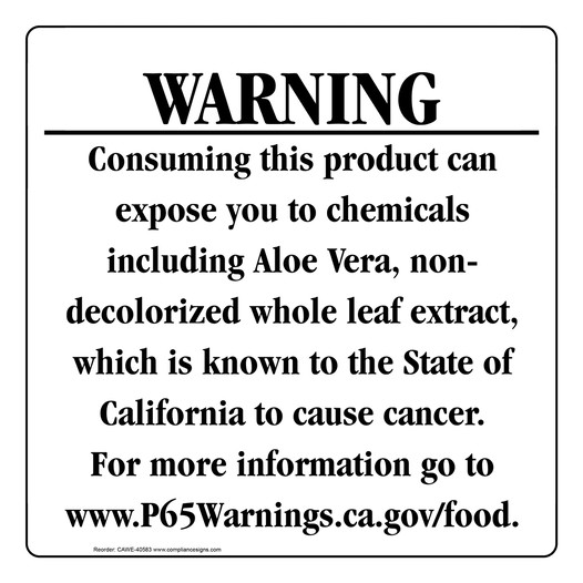 California Prop 65 Food Warning Sign CAWE-40583